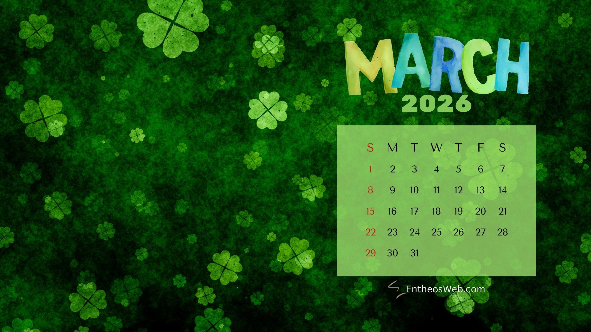 March 2026 calendar desktop wallpaper st Patricks day | march calendar desktop wallpapers 2026 | entheosweb March 2026 calendar desktop wallpaper